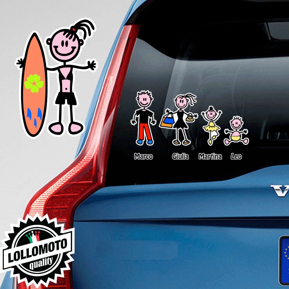 Ragazza Con Surf Adesivo Vetro Auto Famiglia Stickers Colorati