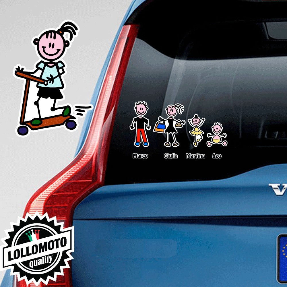 Bimba Con Monopattino Adesivo Vetro Auto Famiglia Stickers