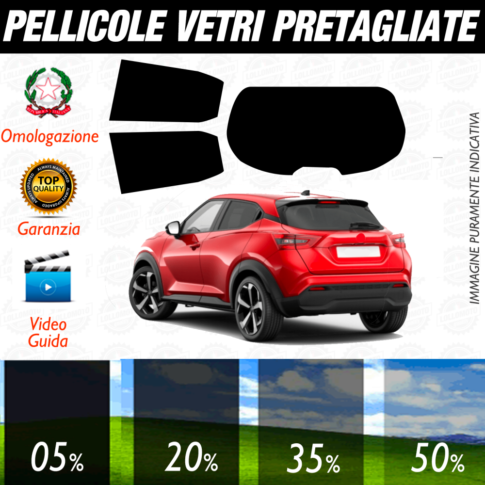 NISSAN JUKE Dal 2019 ad OGGI Pellicole Oscuramento Vetri Auto Pre Tagliate a Misura

Entra e scegli la gradazione.