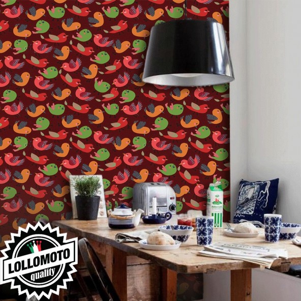 Carta da Parati Uccellini su Fondo Bordeaux Interior Design