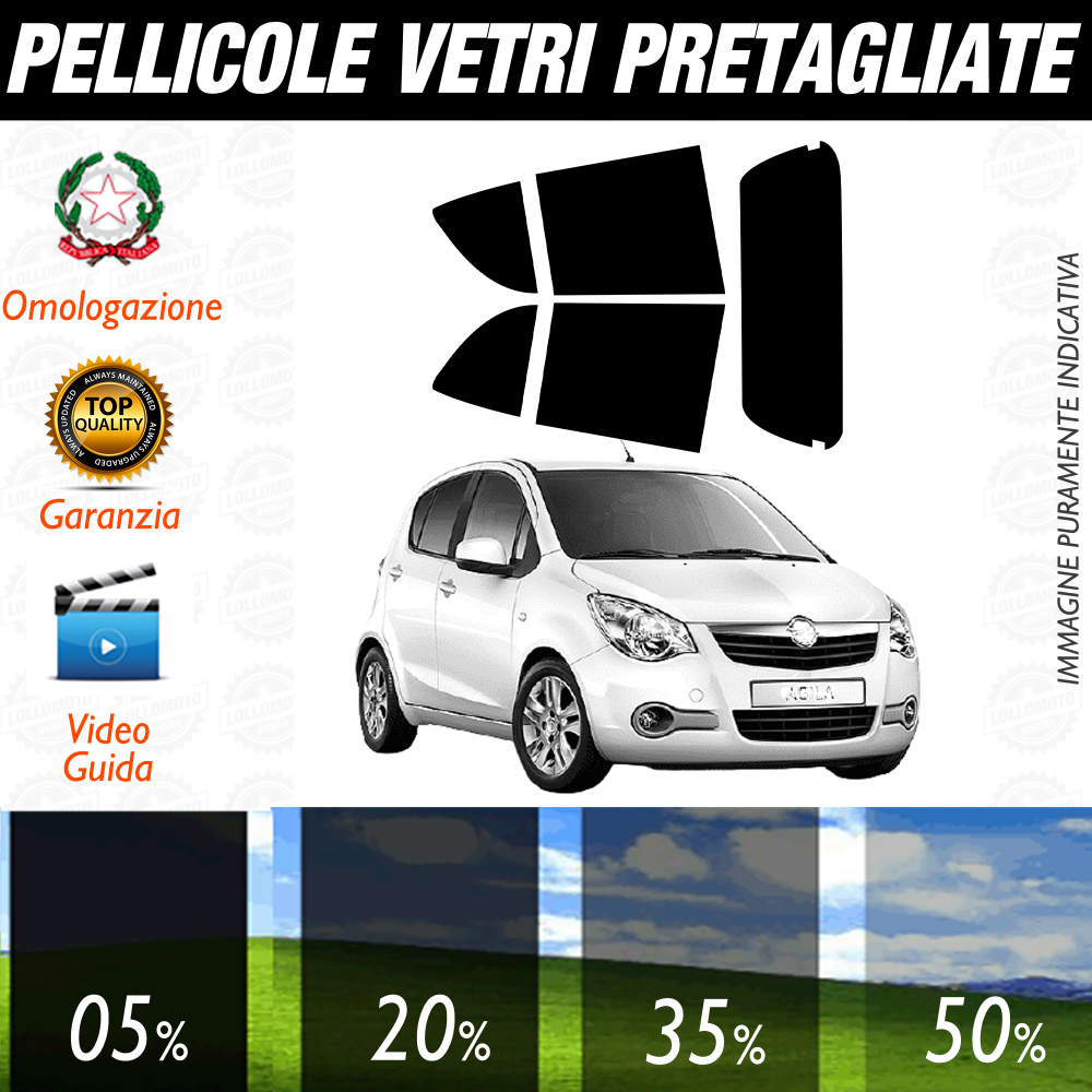Opel Agila 5P dal 2008 al 2015 Pellicole Oscuramento Vetri Auto Pre Tagliate a Misura