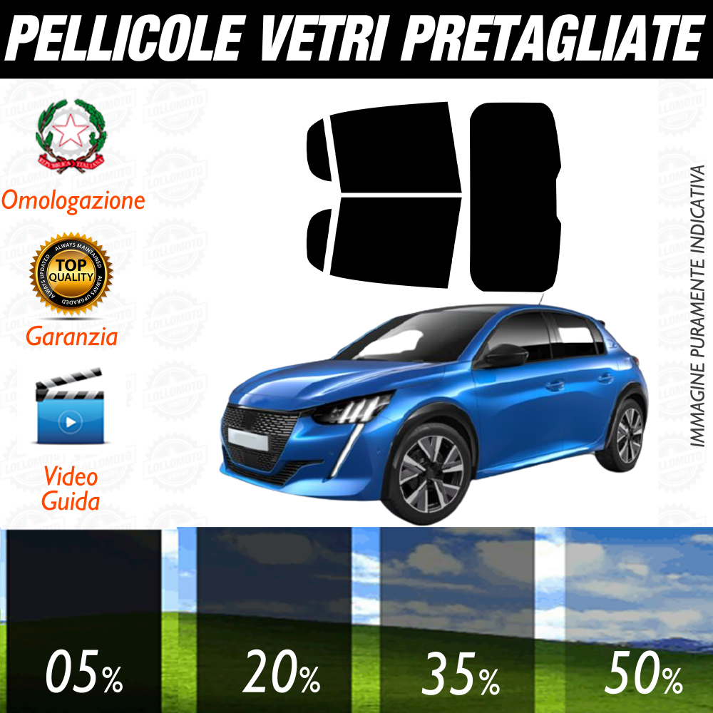 Peugeot 208 5P dal 2019 a Oggi Pellicole Oscuramento Vetri Auto Pre Tagliate a Misura