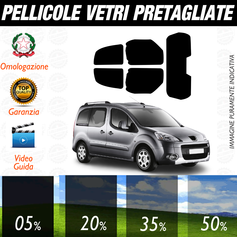 Peugeot Partner dal 2008 al 2016 Pellicole Oscuramento Vetri Auto Pre Tagliate a Misura