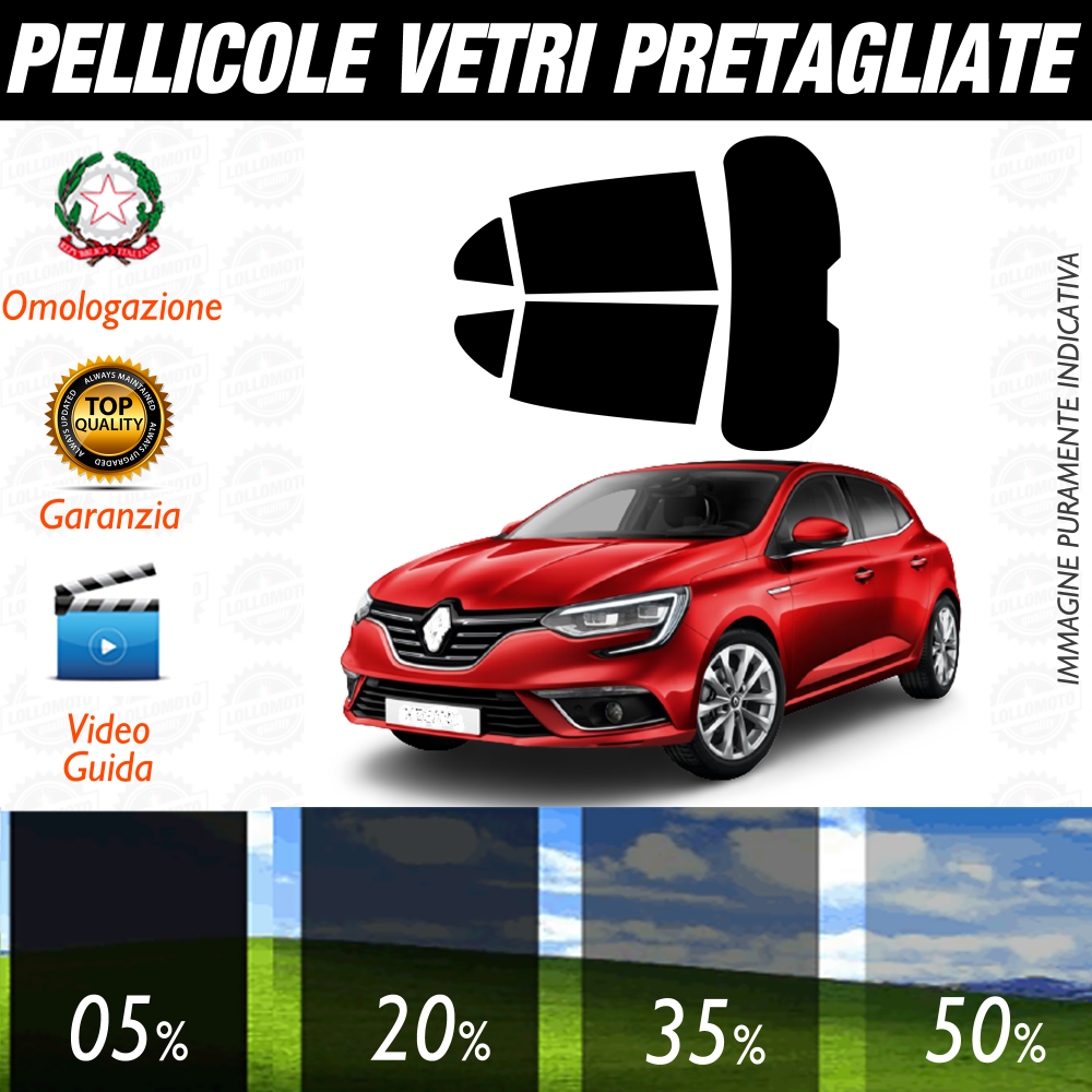 Renault Megane 5P dal 2015 a Oggi Pellicole Oscuramento Vetri Auto Pre Tagliate a Misura