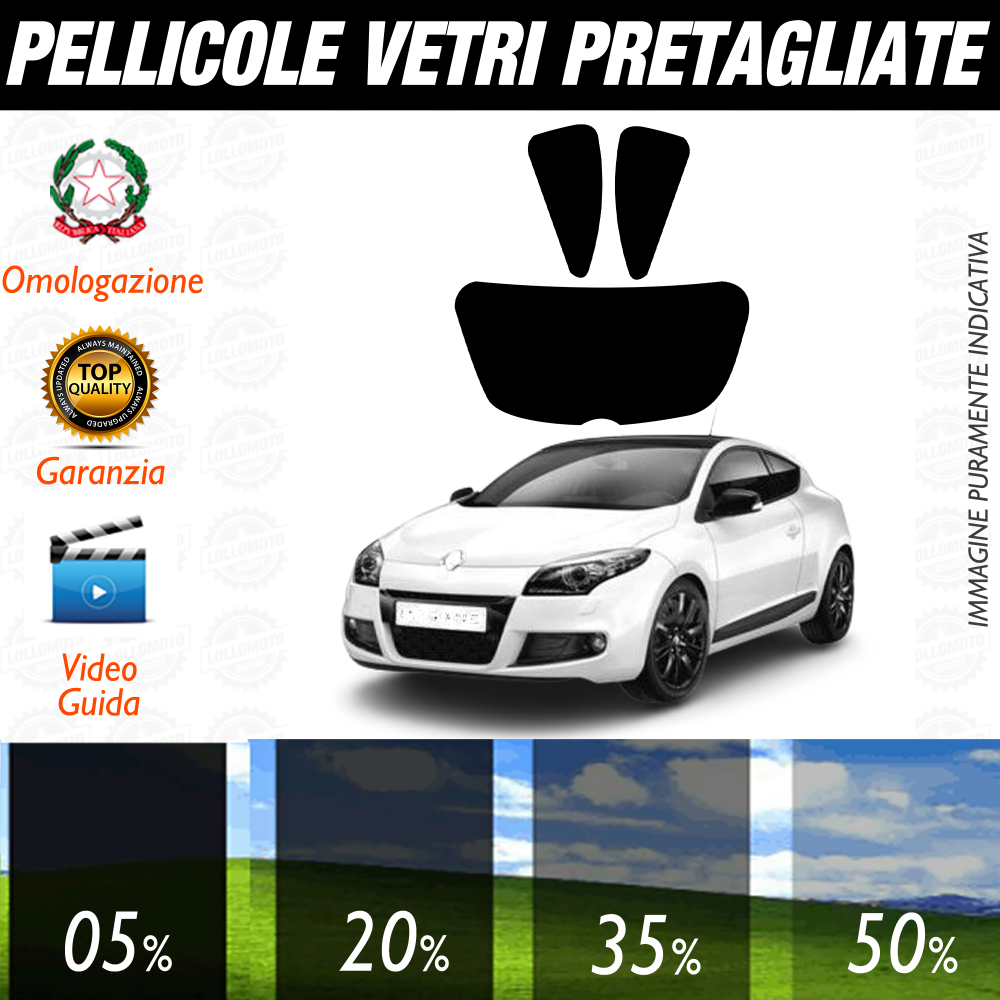 Renault Megane Coupe dal 2008 al 2016 Pellicole Oscuramento Vetri Auto Pre Tagliate a Misura